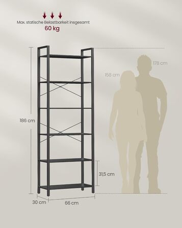 Стелаж VASAGLE з 6 полицями, сталевий каркас, для вітальні, спальні, кабінету, 30 x 80 x 186 см, індустріальний дизайн, вінтажний колір, LLS082B01