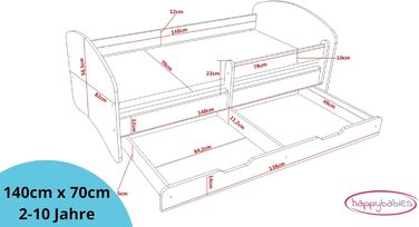 Дитяче ліжко Happy Babies із захистом від падіння з висоти Ліжко для дитячої кімнати 140x70 з матрацом Односпальне ліжко Дитяче Хлопчик Дівчатка Біле Дерево Коричневе (Біло)