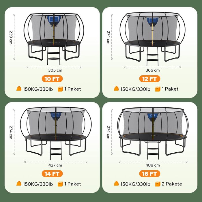 Батут садовий MERACH з захисною сіткою та кільцем для баскетболу 305/366/427/488 см, до 150 кг