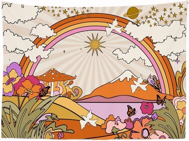 Гобеленова прикраса для дому Rainbow Retro Vintage Universe 200 x 150 см Настінна вішалка Аксесуари для спальні, вітальні Бежевий, помаранчевий, фіолетовий