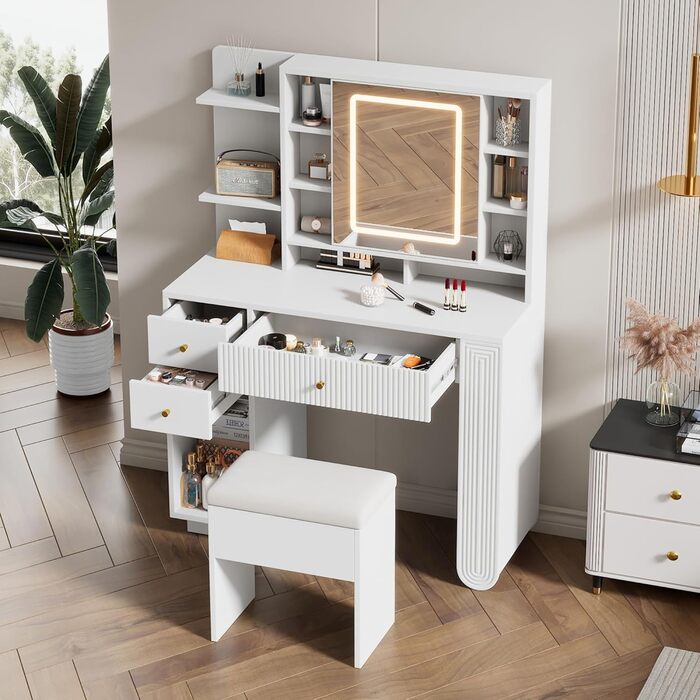 Туалетний столик Merax з дзеркалом та LED-підсвічуванням, з поличкою, 6 шухляд та золотими ручками, білий, 102x100x41.5 см (без табуретки)