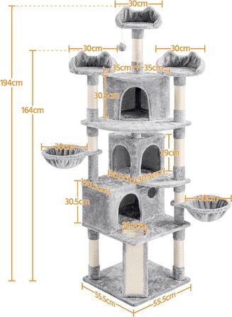 Когтеточка для котів Yaheetech XXL 194 см, дерево для лазіння, стійка, плюшева сизалева мотузка, висока стеля, світло-сірий