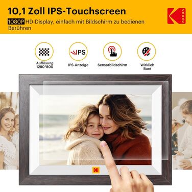 Цифровий фоторамка KODAK WiFi з сенсорним екраном IPS HD 10.1 дюйма, 32GB, автоматичне обертання, Wi-Fi, для стін, ділитися фотографіями звідусіль, темно-коричневий (білий каркас)