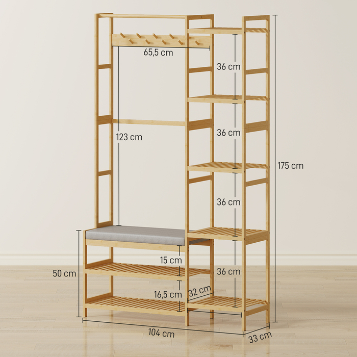 Етажерка для одягу з полицею для взуття, гачками для одягу, вішалкою для пальто, лавкою з подушкою – ідеальне рішення для передпокою або вхідної зони. Виготовлена з натурального дерева.