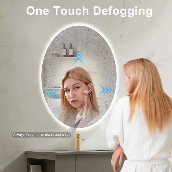 Дзеркало для ванної кімнати AONELAS BuLife з овальною підсвіткою, 71,1 x 50,8 см, антизапарник, 3 кольори, регульована яскравість, настінний монтаж, дзеркало для макіяжу з сенсорним вимикачем