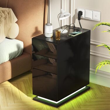 Вузька тумба приліжкова Lvhecforhm з LED-підсвіткою, чорна, з розеткою та USB, 16 режимів підсвітки, глянцева, 50x30x63 см