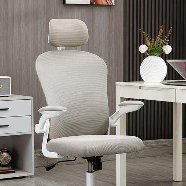 Офісне крісло Vinsetto з високою спинкою, сітчаста тканина, комп'ютерне крісло з обертовою підголівником, 4D поперекова підтримка, відкидні підлокітники, регульована висота, Білий (Сірий)