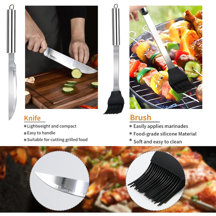 Набір гриль-посуду, 28 предметів, нержавіюча сталь, професійний аксесуар для грилю з сумкою, подарунок на день народження/Новий рік для чоловіків, для саду та кемпінгу, BBQ (срібний)
