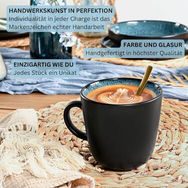 Набір посуду SÄNGER Vigo Kombiservice 30 тг. для 6 осіб: тарілки, чашки, паста, стелінг. Блакитний посуд з чорним обідком. Мікрохвильовка, посудомийна машина, стійкий до подряпин.