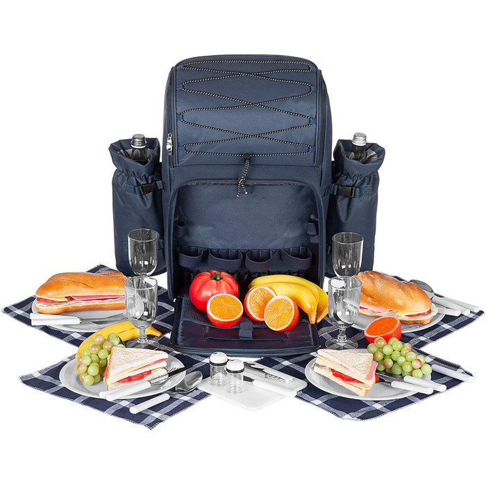 Рюкзак для пікніка Andora на 4 особи з інтегрованою сумкою-холодильником, зелений, з аксесуарами (темно-синій, білий)