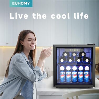 Міні-холодильник EUHOMY для напоїв на 55 банок з скляною дверцятами, чорний. Ідеально для офісу, кімнати, бару. Об'єм 36L, рівень шуму 43dB, LED-підсвітка.