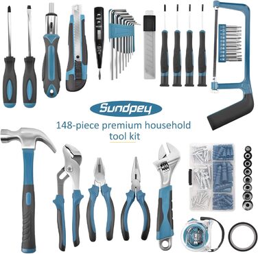 Набір інструментів Sundpey 148 предметів в кейсі: універсальний набір для дому та ремонту з викрутками, ключами, плоскогубцями та тестером напруги (синій)