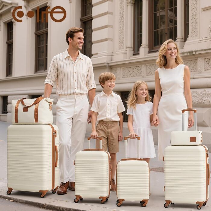 Набір валіз COOLIFE 6 предметів: дорожні валізи 16, 20, 24, 28 дюймів, сумка для подорожей та косметичка, ABS пластик, колеса 360°, TSA-замок, синій/коричневий