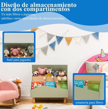 Дитяча полиця SOARS 2 в 1 для книг та іграшок з ящиком, білий та зелений, 60 x 30 x 44 см