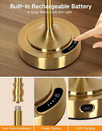 OUTON Настільна лампа бездротова, 2 шт. – диммування, 3 кольори світла, 4000mAh, USB-C, 60 год роботи, золота для спальні, вітальні, їдальні