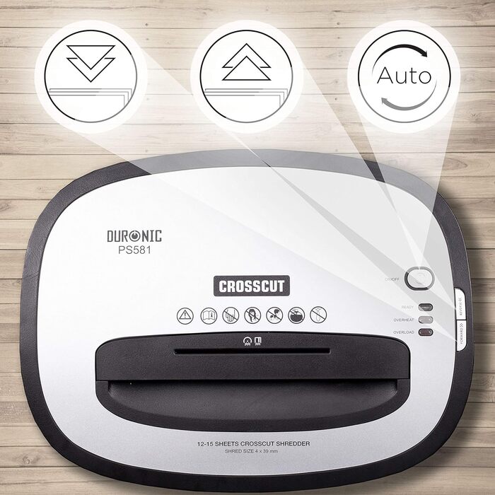 Шредер Duronic PS581: знищення документів P4, 15 аркушів, 22л, автоматичний старт/стоп