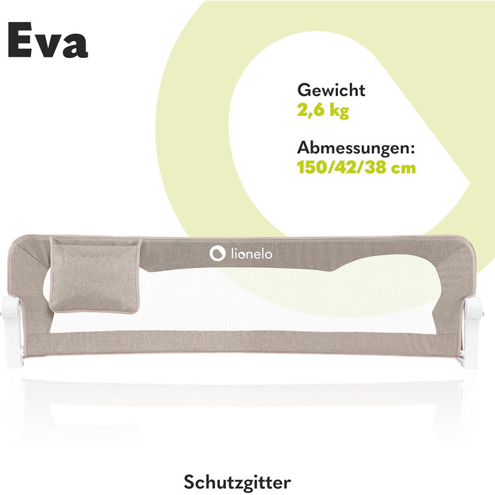 Бортик для ліжка Lionelo Eva захисний, 150 см, бежевий - сітка, складаний (180°), легкий монтаж