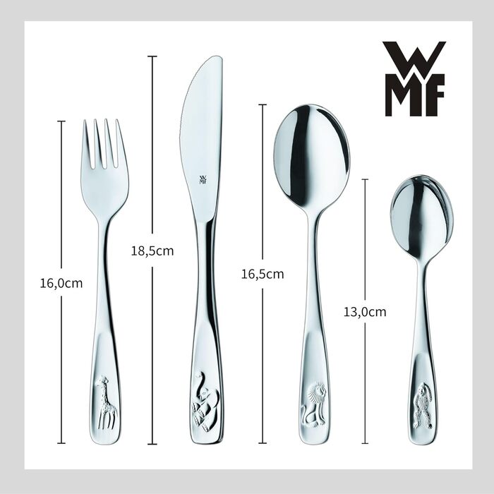 Дитячий набір столових приборів WMF Kinderbesteck з гравіюванням, нержавіюча сталь, 4 шт., придатний для миття в посудомийній машині, подарунок на хрещення, набір столових приборів для дітей від 3 років, з зображенням тварин