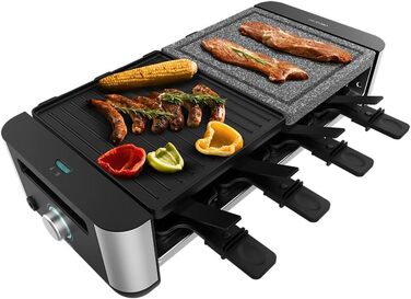 Електричний гриль-раклениця Cecotec MixGrill 16000 Inox – 1400 Вт, 8 персон, з регулюванням температури, 2 нагрівальні пластини (алюміній та натуральний камінь) 20x22 см, 8 сковорідок та 8 лопаток