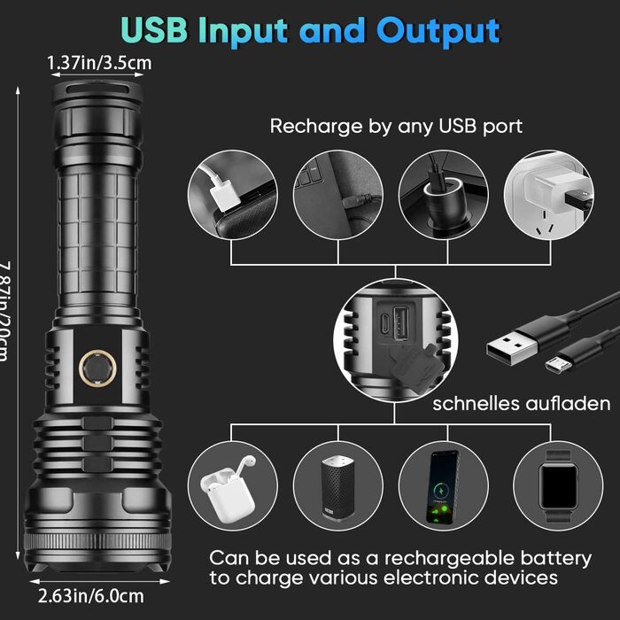 Світлодіодний ліхтарик з USB-зарядкою, надзвичайно яскравий тактичний ліхтарик XHP90 на 90000 люмен, водонепроникний ліхтарик з 5 режимами роботи від акумулятора і ємністю 4800 маг для кемпінгу в приміщенні і на відкритому повітрі