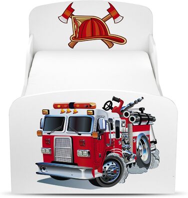 Дерев'яне ліжко Leomark з функціями для дітей - ліжко з матрацом, боковиками та ламелями, розмір спального місця 70/140 см, друк UV (пожежна машина)