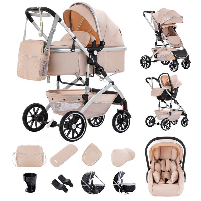 Дитяча коляска 3 в 1 Gcarebb з автокріслом, легка та компактна, для новонароджених 0-4 роки, бежевий колір, модель 2-808C Quick Fold