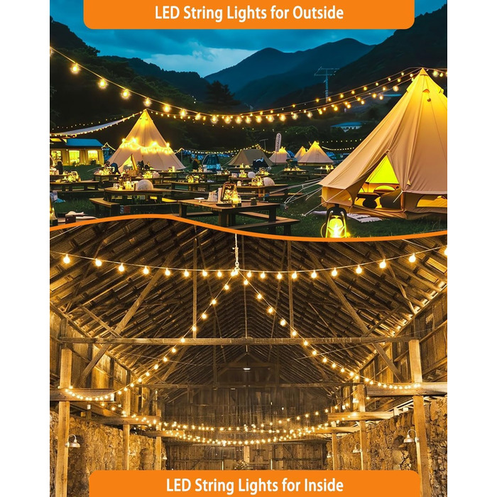 LED гірлянда для зовнішнього використання, G40 лампочки, ABS пластик, сонячна, вологостійка, для романтичного декору саду та балкону (24V, 20M, 33 лампочки)