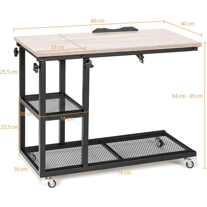 Приставний столик COSTWAY з регулюванням висоти та нахилом, 3 яруси, з колесами, 80x40x95 см, натуральний