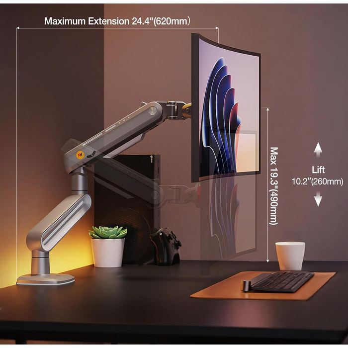 Кріплення для монітора NB Ergonomic A6 сірого кольору, підходить для моніторів 27-50 дюймів, навантаження до 18 кг, VESA 75/100 мм