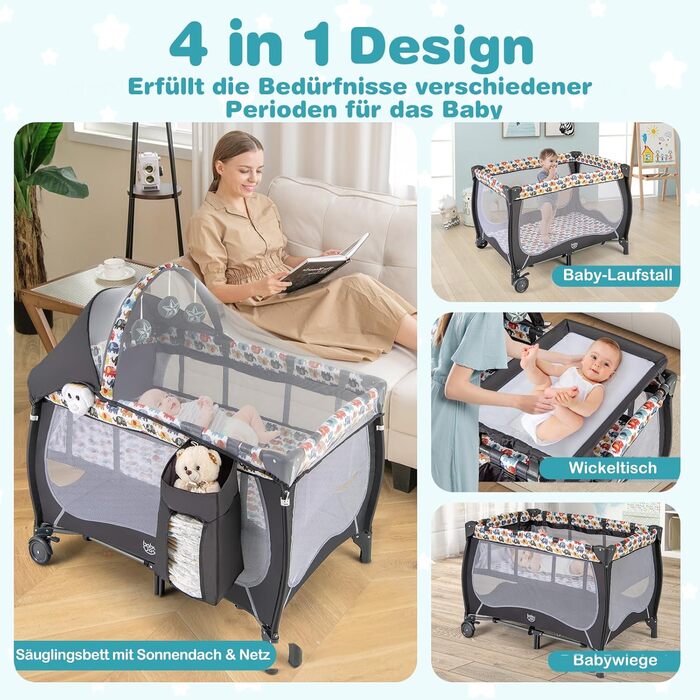 Дитяче ліжко-манеж DREAMADE 102x72 см, 3 в 1 з матрацом, москітною сіткою та пеленальним столиком, для немовлят та дітей 0-36 місяців (кольоровий)