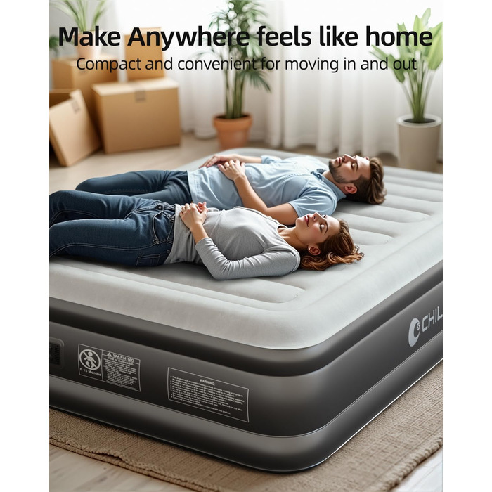 Надувне ліжко CHILLSUN® з електричним насосом, 203x152x46 см, водонепроникна поверхня, для кемпінгу та гостей (подвійне)
