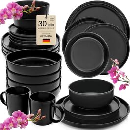 Набір посуду SÄNGER Madeira на 6 осіб, 30 предметів: тарілки, чашки, салатники, чорний керамічний посуд для мікрохвильовки та посудомийної машини | VALUE COLLECTION