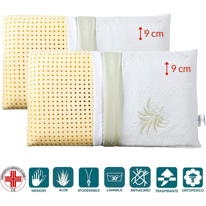 Ортопедичні подушки EVERGREENWEB 2 шт. з віскоеластичної піни 40x70x12 см з чохлом з алое вера. Виробництво Італія.