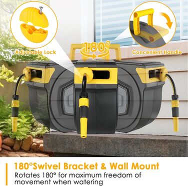 Шланговий барабан з шлангом для саду з автоматичним змотуванням, поворотний на 180°, настінна шланговий бокс з ручною лійкою (9 функцій), для поливу та миття авто (чорно-жовтий, 30м)