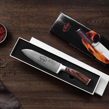 Японський ніж Santoku Wakoli EDIB з дамаської сталі (серцевина VG10), 17 см – гострий ніж для кухні та приготування їжі, преміум якість, з дерев'яною ручкою Pakkaholz, подарункова коробка з гравіюванням логотипу