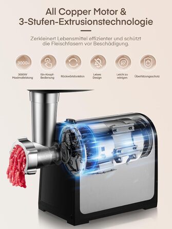 Електрична м'ясоподрібнювач Fleischwolf 3 в 1 з набором для ковбаси та 3-ма лезами з нержавіючої сталі