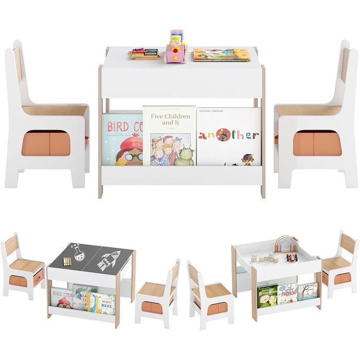 Детский стол со стульями COSTWAY 3 в 1, деревянный стол для рисования с ящиком, комплект детской мебели для детей от 3 лет, столешница с покрытием (Натуральный, Комбинированный)