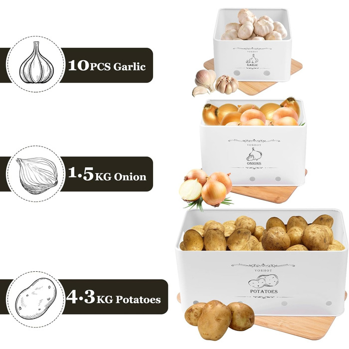 Набір контейнерів для зберігання картоплі, цибулі та часнику (3 шт.), бамбуковий кришка, білий