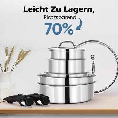 Набір каструль Joyfair, 9 предметів, з нержавіючої сталі, знімний ручка, для індукційних плит, сумісний з усіма типами плит, можна використовувати в духовці та мити в посудомийній машині