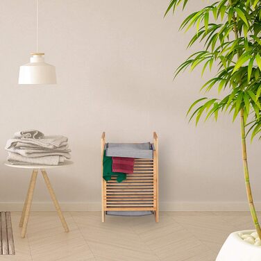 Кошик для білизни Relaxdays бамбук, квадратний збірник для білизни з кришкою, для брудної білизни у ванній кімнаті, HWD 60 x 40 x 35 см, натуральний/сірий