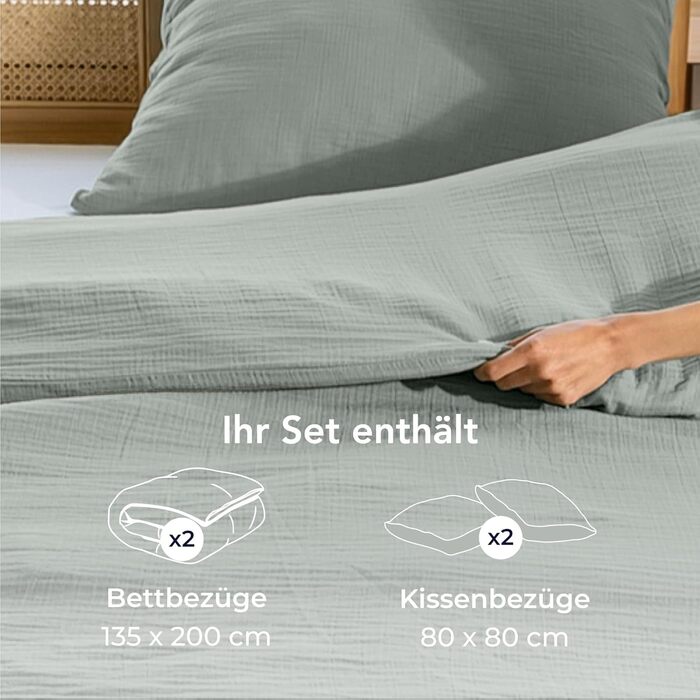 Комплект постільної білизни Dreamzie з мусліну 135x200 см, 100% бавовна. В комплекті: 2 наволочки 80x80 см та 2 наволочки 135x200 см. Сертифікат Oeko-Tex, застібка на блискавку. (Блакитно-сірий, 4-елементний комплект 135x200 + 2 x 80x80)