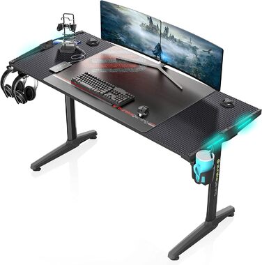 Ігровий стіл EUREKA ERGONOMIC з LED, 140x60 см. Стіл для геймерів з підсвіткою, органайзером для кабелів, тримачем для напоїв та навушників, чорний, X-Large
