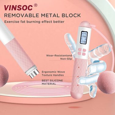 Скакалка VINSOC з лічильником, Скакалка для дорослих з лічильником калорій для схуднення, мотузка з регульованою довжиною для чоловіків, жінок і дітей-силіконова ручка рожевого кольору