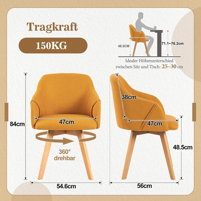 Обідальні стільці Bekrvio (2 шт) з обертанням та підлокітниками – 360° для їдальні, стільці до обіднього столу, обертаються, з м'яким сидінням, з дерев'яними ніжками з масиву бука, жовті, з тканини льон