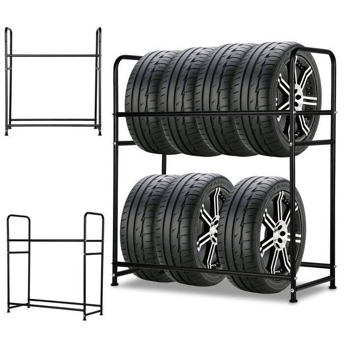 Стеляж для шин на 8 шин, 2 х стійки для шин 107 x 46 x 117 см, вішалка для коліс, вантажопідйомність 180 кг, захисна накидка для шин, регульована висота, стелаж для зберігання в підвалі, майстерні (4 стелажі для шин)