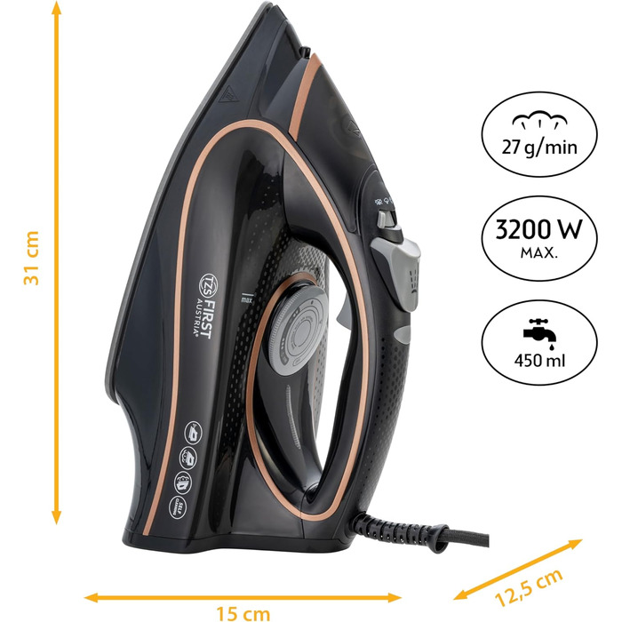 Відпарювач TZS First Austria I 2800-3200W з керамічною підошвою | Самоочищення, вертикальний пар, антинакип, сухе прасування | 0,45л, 1.3кг, білий/мідний