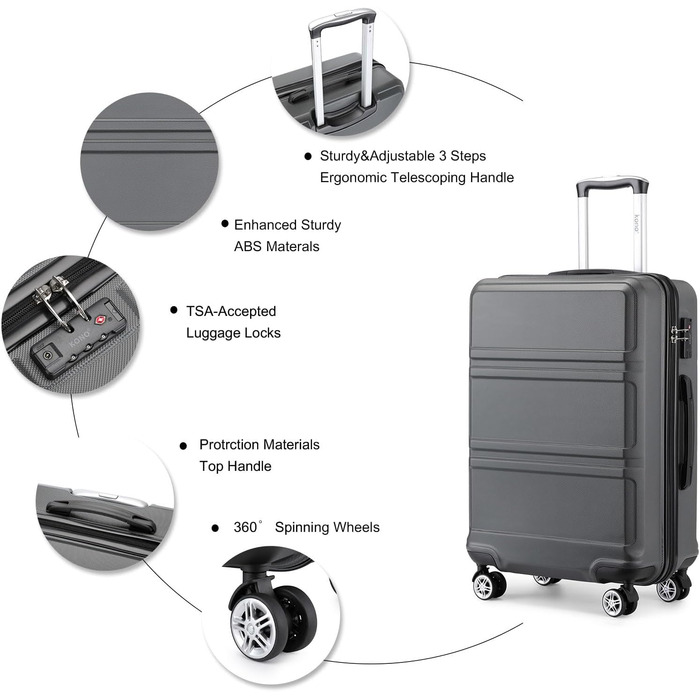 Чемодан ABS, жорсткий, сірий, 55 см, ручна поклажа, з TSA замком, 38 л
