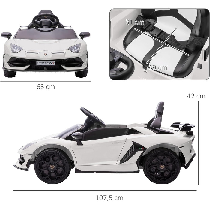 Електромобіль для дітей HOMCOM Lamborghini Aventador SVJ Roadster 12V з пультом, MP3, сигналом, фарами, білий, для дітей 3-5 років