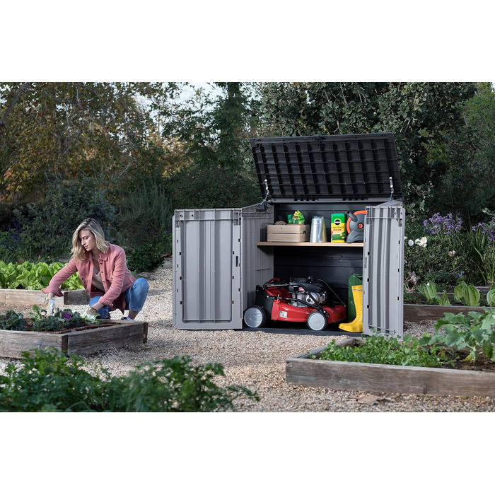 Keter Store It Out Nova пластиковий садовий сарай, 132x71,5x113,5 см, 880 л, для 2 сміттєвих баків по 120 л, вуличний, захист від негоди, замикається, світло-сірий