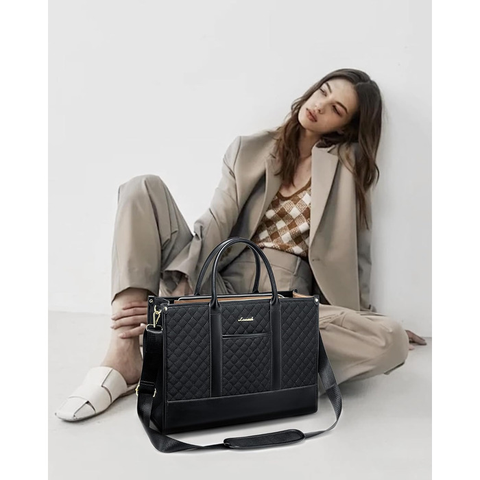 LOVEVOOK Сумка для ноутбука 15.6 дюймів, водонепроникна, для жінок, чорна, велика, ділова, шкіряна, для роботи, навчання, офісу, універсітету